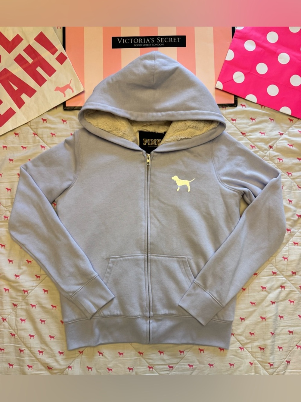 ❌SOLD❌VS PINK VINTAGE Y2K FUR LINED ZIP HOODIE SWEATSHIRT PURPLE 86 BLING LOGO - Picture 4 of 11